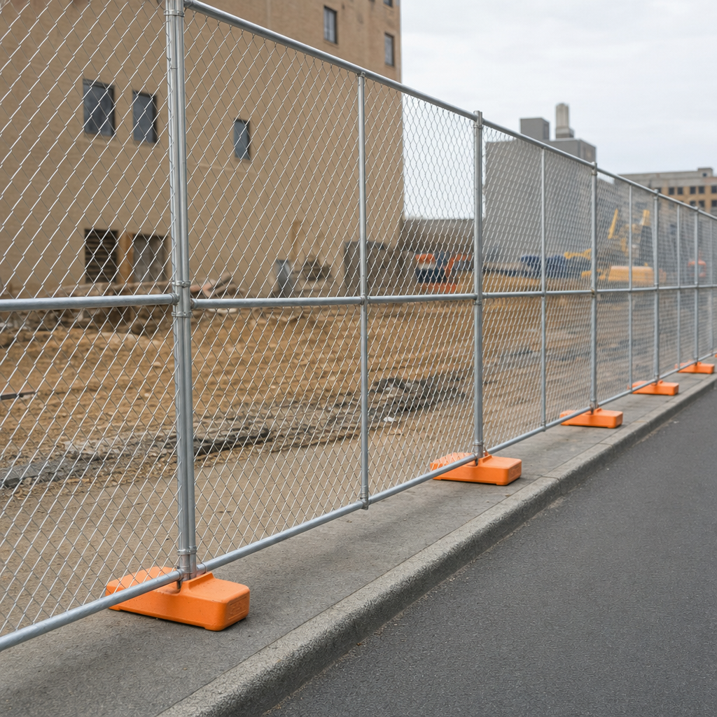 Temporary chain-link fence panels lining an active jobsite along a city street
