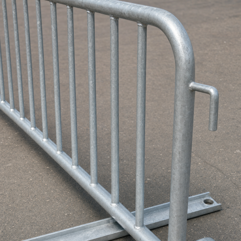 Close-up of a heavy galvanized steel crowd barricade showing welded vertical uprights and a tubular top frame